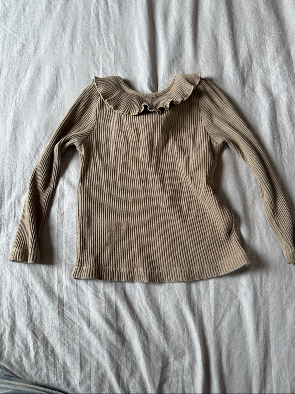 Pink Chicken Beige Ribbed Ruffle-Neck Pullover